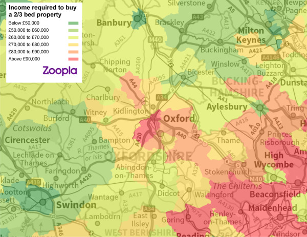 Buy property in Oxford affordability heat map