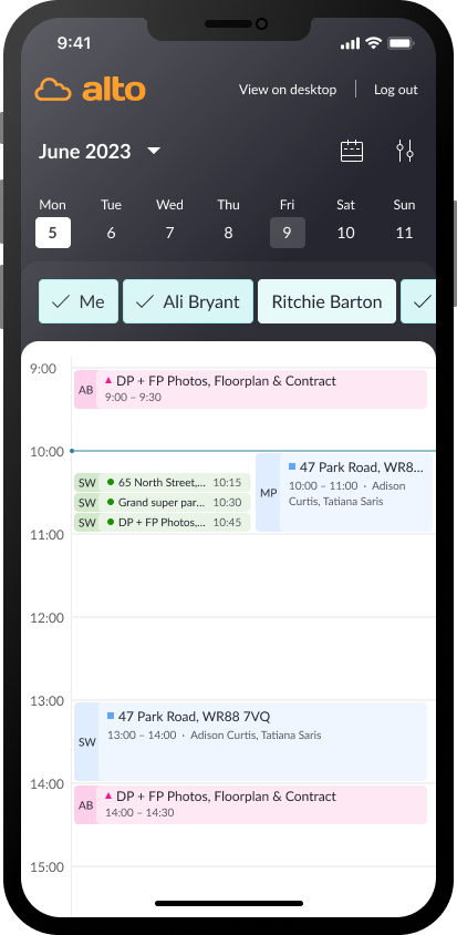 Screen shot of a calendar in Alto with filters selected
