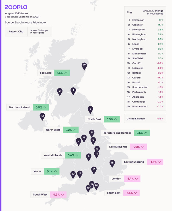 A map of the UK showing annual house price inflation in regions and major cities.