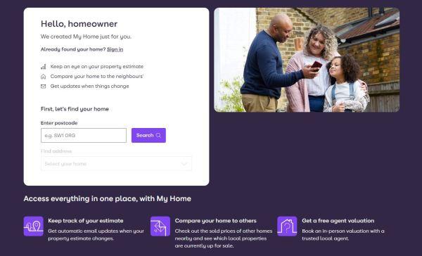 Image of page on Zoopla where people can enter their postcode and check the market value of their homes