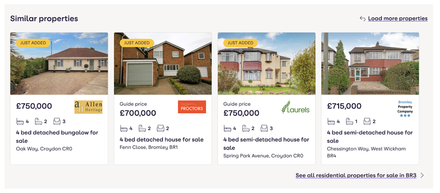 Screen shot of search results on Zoopla showing similar properties to the users search