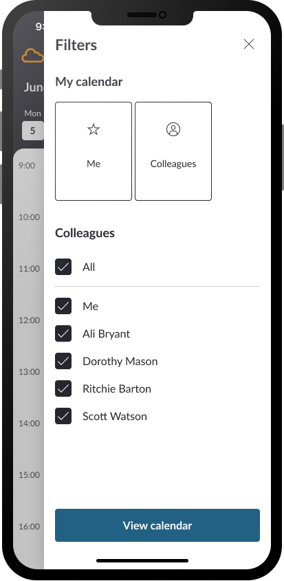 Screen shot of Alto on a mobile phone show casing how a user can filter a calendar view by selecting people
