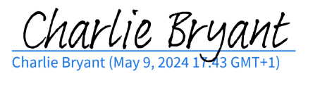 Charlie Bryant's signature dated 9 May 2024