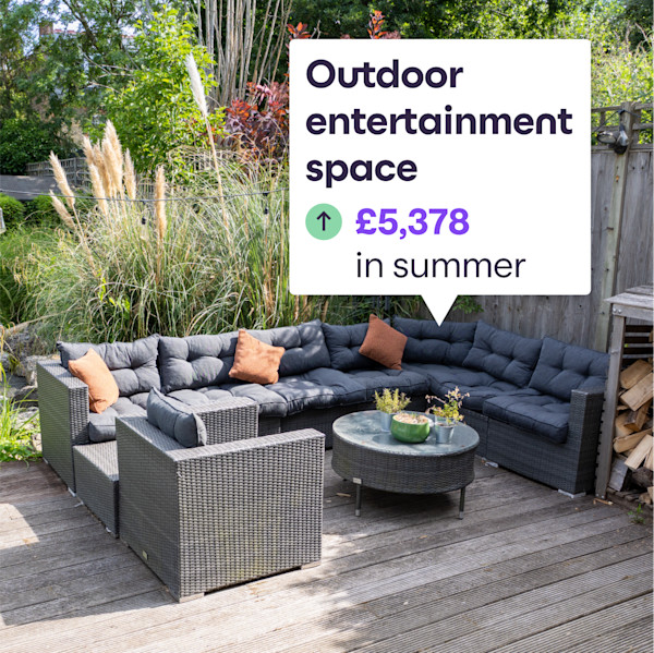 An image of an outdoor decking area with the words: "Outdoor entertainment space: £5,378 added value in summer"
