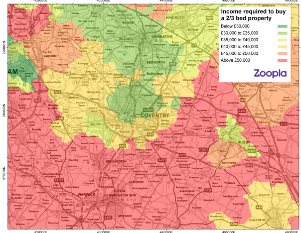 Map showing first-time buyer affordability in Coventry