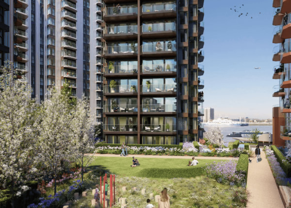 Image of a planned new-build development in Royal Arsenal with extensive shared gardens overlooking the Thames 