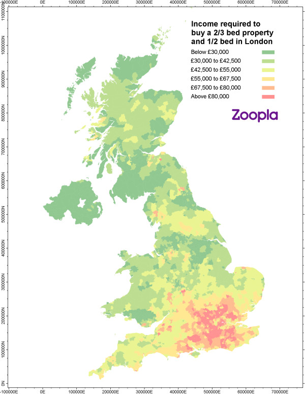 Heatmap showing areas of the United Kingdom by affordability - red is most expensive