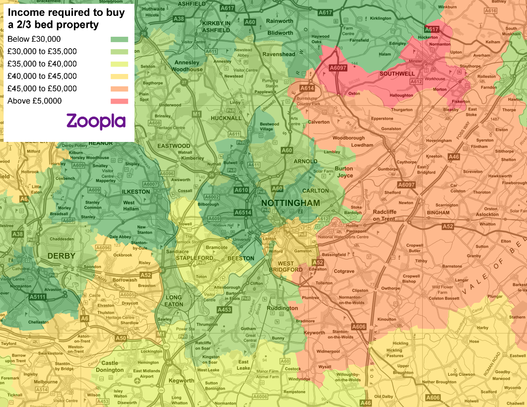 First time buyer heat map of property for sale in Nottingham
