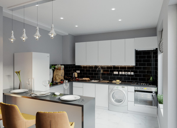 A stylish kitchen in a new-build flat, with a breakfast bar, pendant lighting and white cabinetry