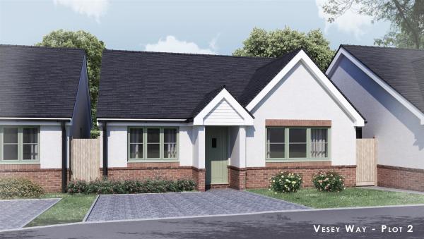 A computer-generated image of a new-build eco home. The two bedroom bungalow is shown to have a driveway and small lawned front garden with a porch and two windows at the front of the house.