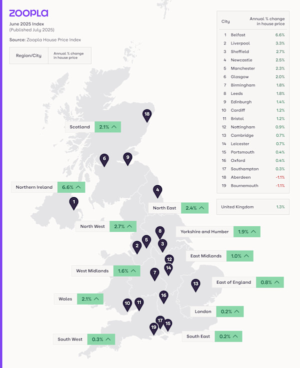 A map of the UK showing house price inflation by region and major city