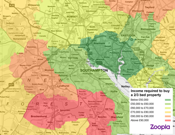 Map showing first-time buyer affordability in Southampton