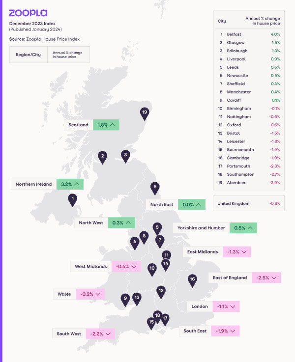 A map of the UK showing house prices and annual house price inflation for UK regions and major cities.