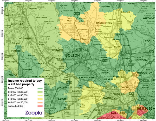 Map showing first-time buyer affordability in Bolton