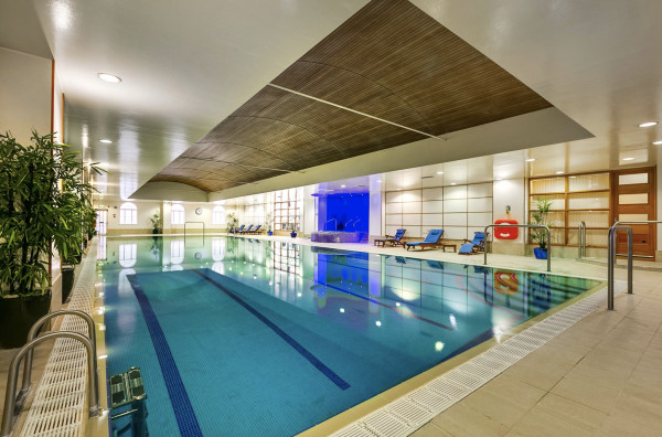 Large indoor swimming pool with wooden cladding on the ceiling and loungers at the side