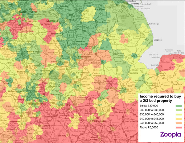 Map of affordability for first-time buyers in the East Midlands