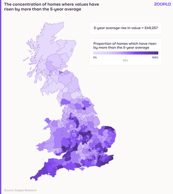 Image shows where property values have risen by more than the 5-year average.