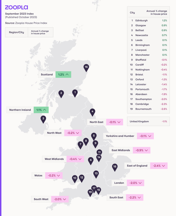A map of the UK showing annual house price inflation in regions and cities.