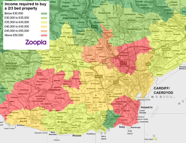 Affordability heat map for living in Cardiff