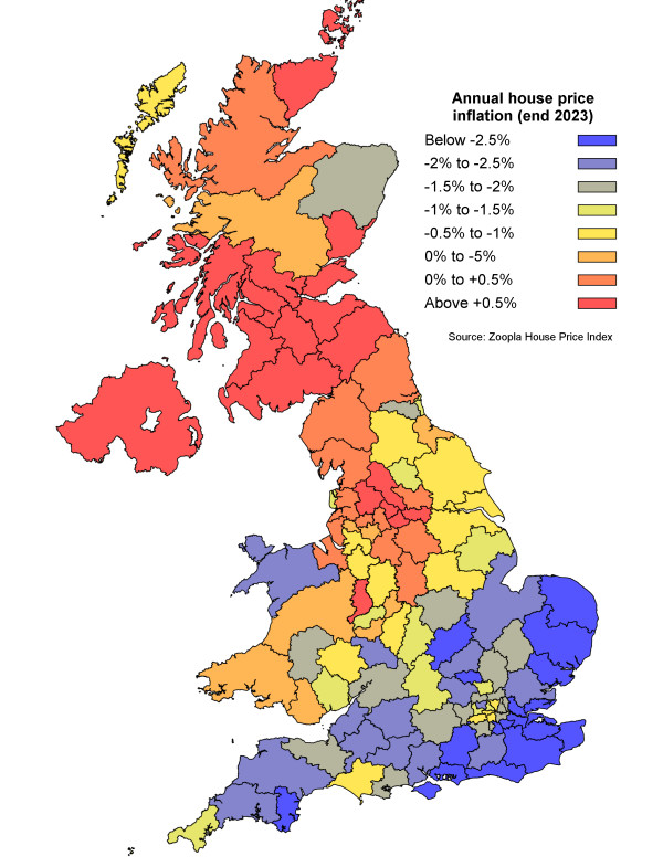 Annual house price inflation by postcode area November 2023