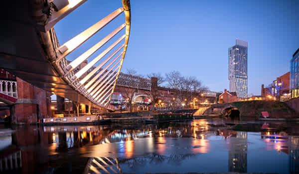 Castlefield conservation area in Manchester at night