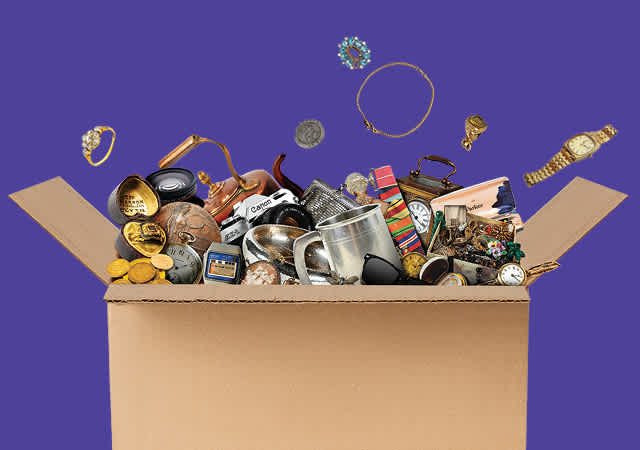 A graphic of a moving box popping open with items bursting out in front of a purple background