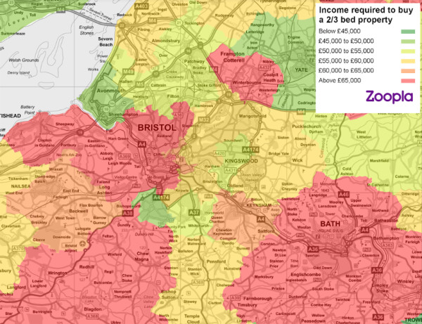 Map of Bristol highlighting which areas are cheaper or more expensive