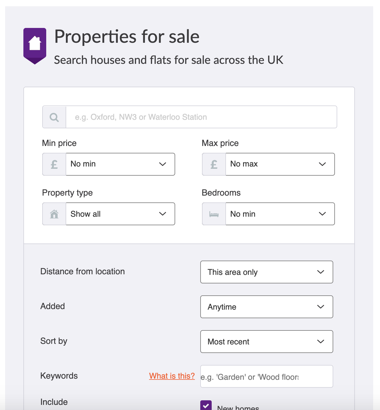 Image of Zoopla house search portal 'Advanced Search' tool