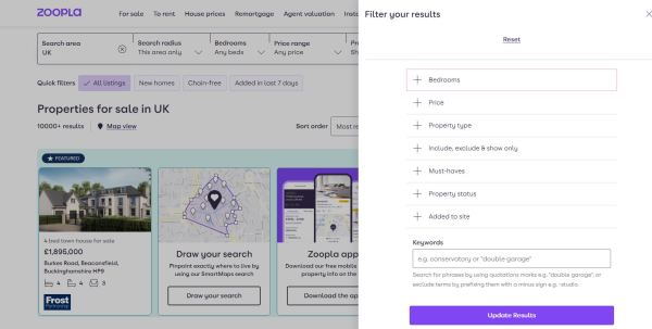Image of Zoopla house search portal 'Advanced Search' tool