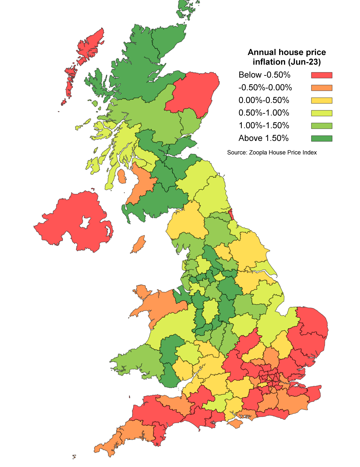 Map illustrating house price inflation in the UK.  Price falling in the southern England, Northern Ireland and Aberdeenshire, while rest of the country registers growth. 