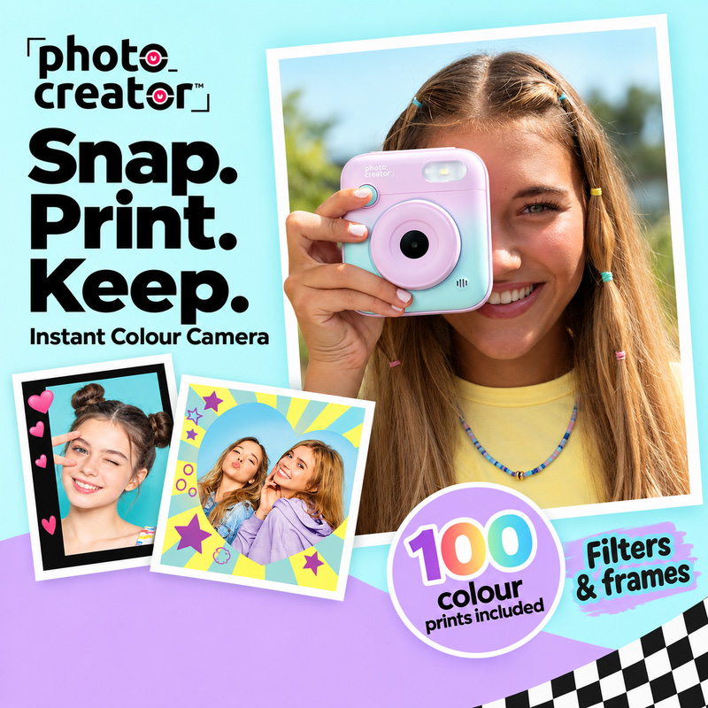 "photo_creator: Snap. Print. Keep. Instant Colour Camera" with girl holding pink and teal camera to her eye; two sample prints, "100 colour prints included," "Filters & frames."