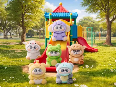 Mr. Pa Animal blind box plush toys displayed in front of a colourful playground. Six cute animal-themed characters in purple, green, brown, yellow, blue and white sit on and around a red-and-yellow slide in a sunny park.