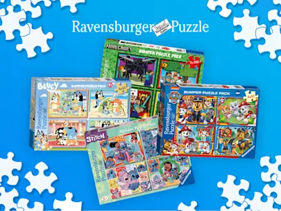 Four Ravensburger Bumper Puzzles on a blue background with puzzle pieces on the edges of the image.