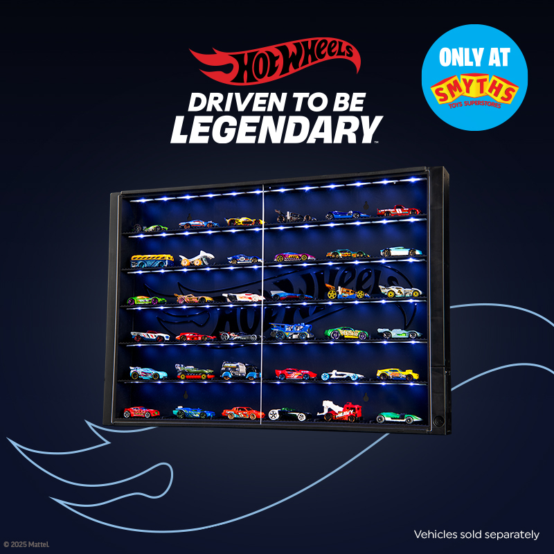 Hot Wheels 6 Level Display Case with LED Lights for 1:64 Die-Cast Cars on the black background with exclusive decal 