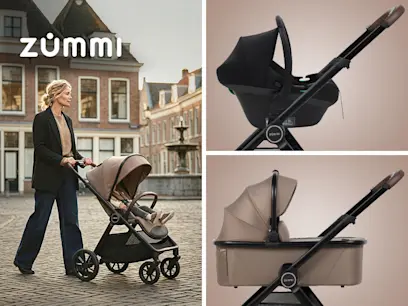 different variants of  Zummi Swift 3-in-1 Travel System with EnfaSafe i-Size Car Seat Truffle on the brown and outdoor background