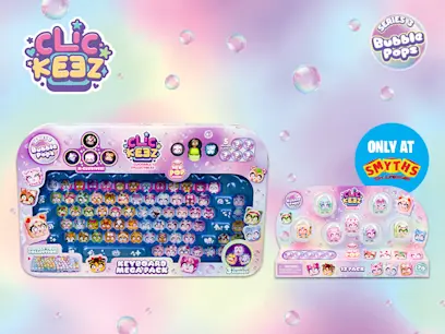 Clickeez Clickable Bubble Pops keyboard and Clickeez Clickable Bubble Pops assortment on a colourful background.