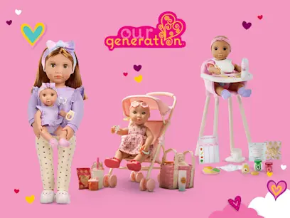 Our Generation promotional image showing three dolls and baby dolls in childcare scenes: one holding a baby, one seated in a stroller, and one in a high chair, surrounded by bottles, food, and nursery accessories on a pink background.