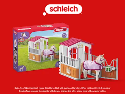 Schleich Horse Club promotion showing a Lusitano mare with a pink blanket beside a white-and-pink horse stall and its box. Text offers a free Horse Club Horse Stall with Lusitano Mare Set, valid until 24 December.
