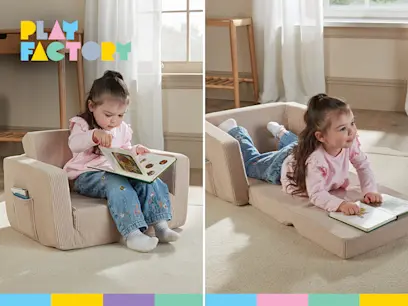two different variants of Play Factory Flip Out Arm Chair on the indoor background 