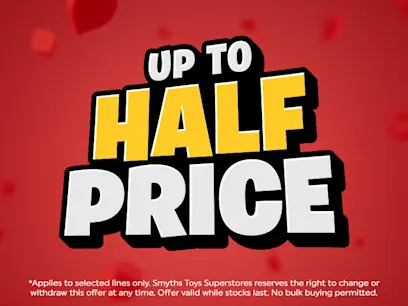 Up to half price yellow logo on a red background.