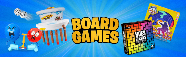 Smyths Toys board games promotional banner featuring Pop Drop, Hues and Cues and Level 8 games against a bright blue background with playful graphics and bold yellow “Board Games” lettering.