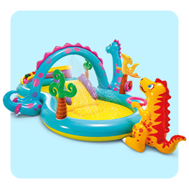 Pool with a dinosaur and tree