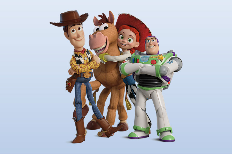 Various Toy Story Characters on a light blue background.