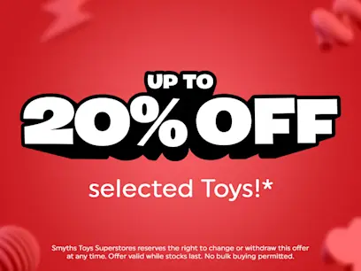 A selection of toys on a red background with white text.