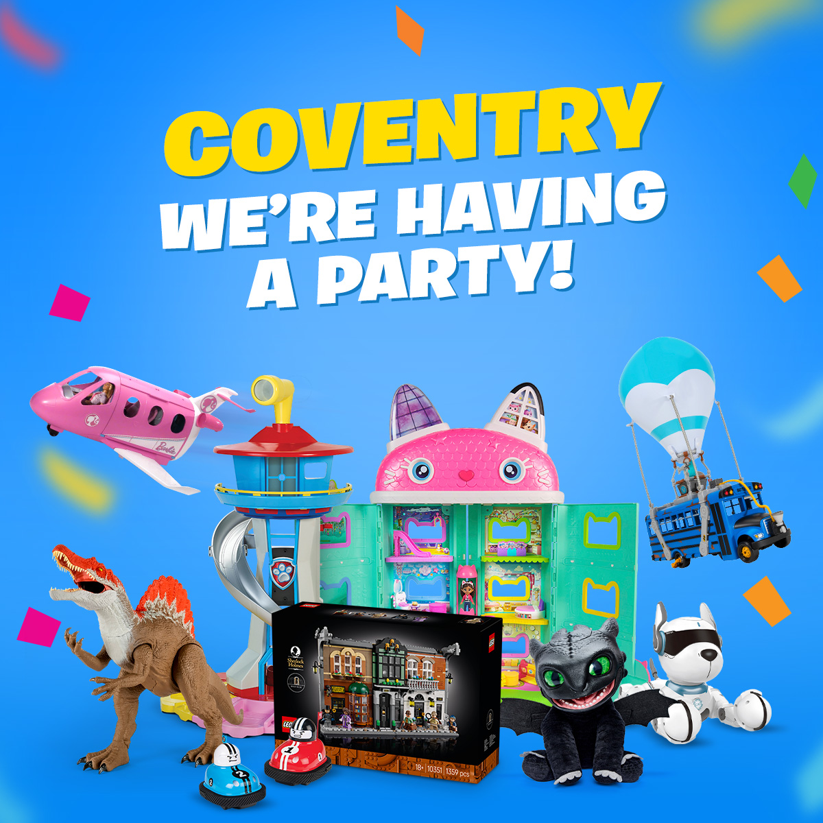 text saying "Coventry we're having a party!" on a blue background surrounded by assortment of toys and confetti