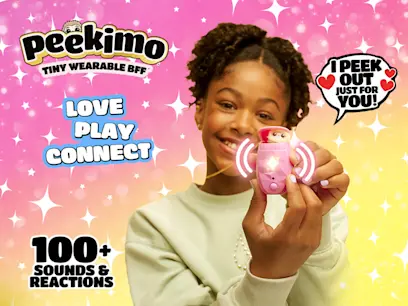 Peekimo Tiny Wearable BFF Interactive Pet Pink on the pink and yellow background and girl holding the pet 