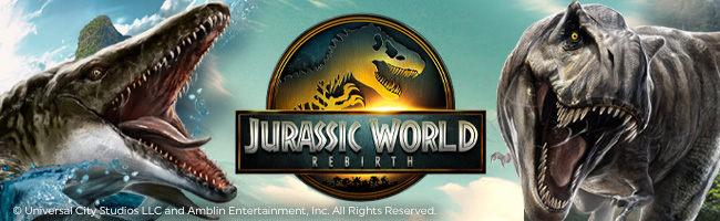 Jurassic World Rebirth logo on a movie themed background with two roaring dinosaurs