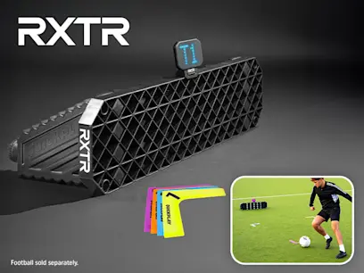 The RXTR Home Coach Interactive Rebounder on a black background with an insert image of a boy kicking a football.