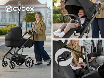 Cybex Balios S Lux Travel System Moon Black Bundle with Cloud G i-Size R129 Car Seat and 360° ISOFix Base in 3 different variants on an outdoor background. in 3 different variants on the outdoor background