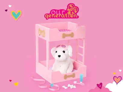 Pink toy bunk bed for a plush white puppy with accessories including a leash, toy bones, a toothbrush, and a tube. The upper bunk is empty, with heart graphics and “Our Generation” branding on a pink background.